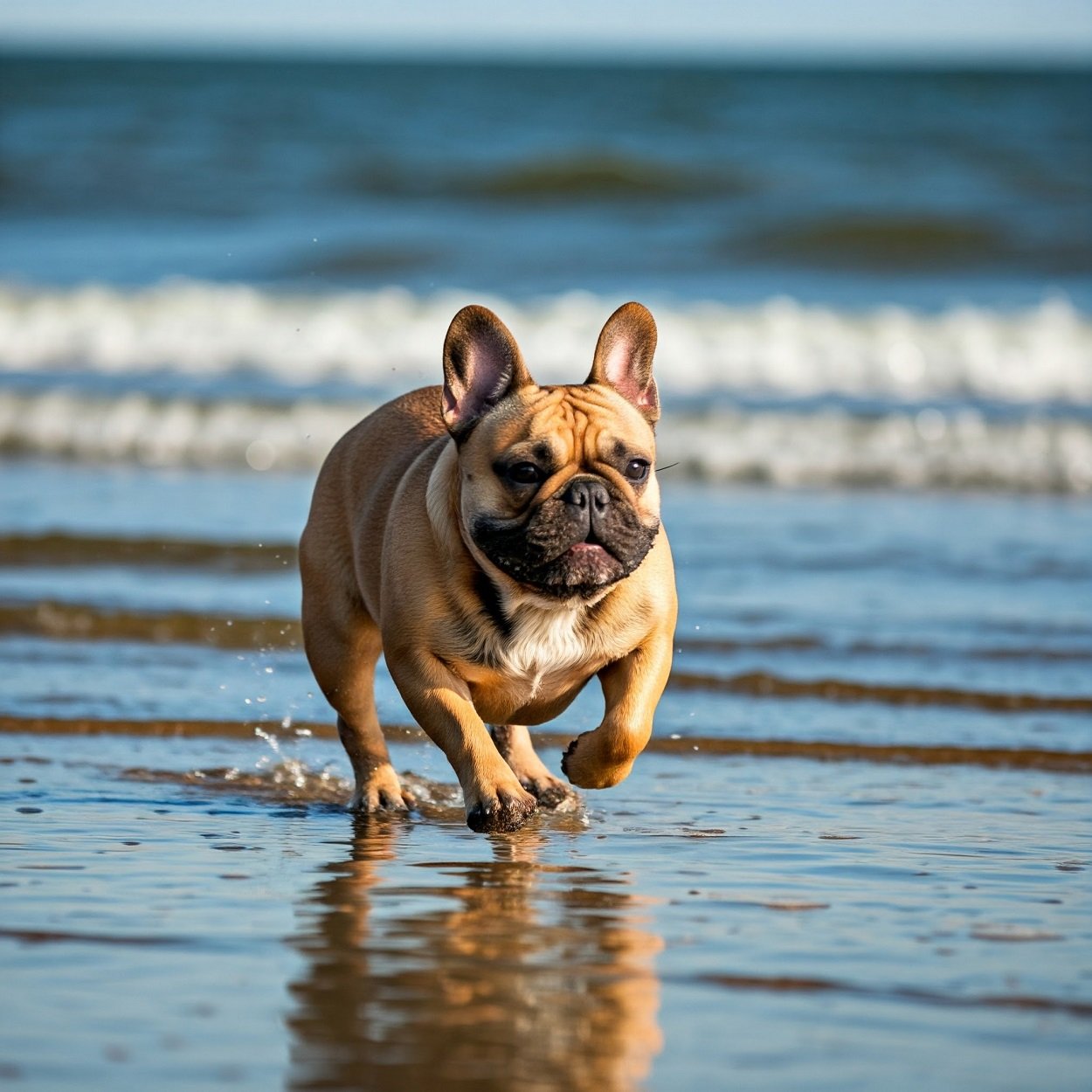 cachooro buldogue francês correndo na praia
